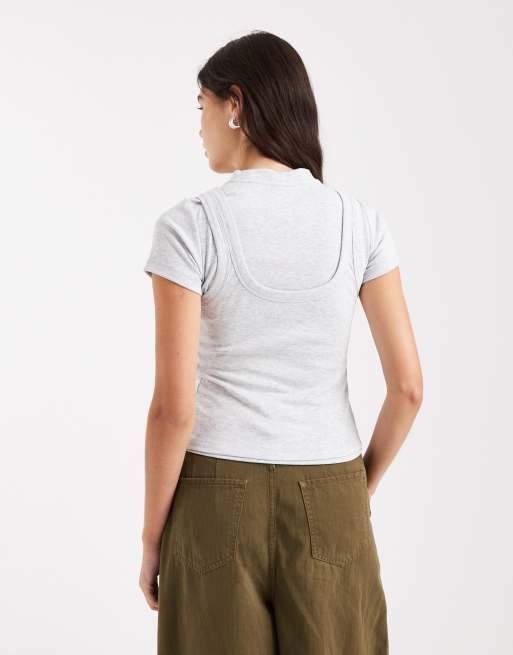 ASOS DESIGN double layer short sleeve top in grey, 2 of 4
