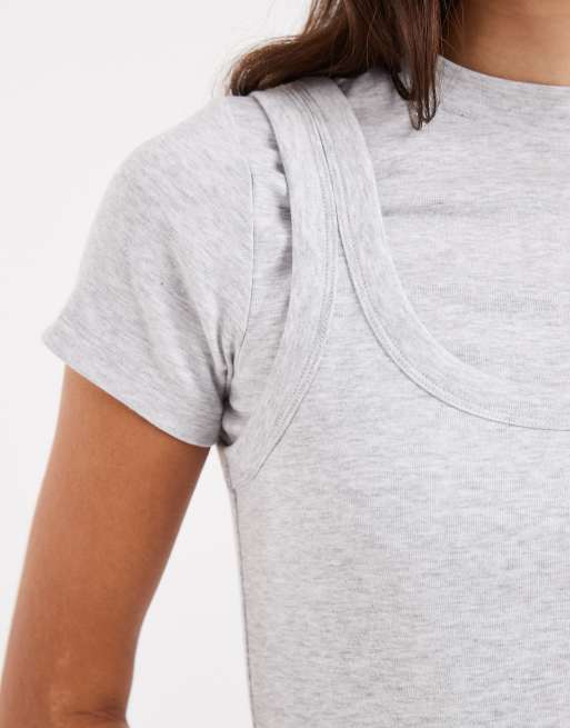 ASOS DESIGN double layer short sleeve top in grey, 3 of 4