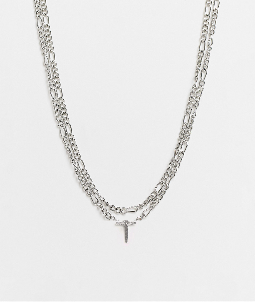 ASOS DESIGN double layer short slim neckchain with cross pendant in silver tone