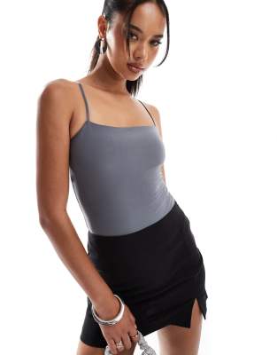 ASOS DESIGN double layer slinky cami bodysuit in grey