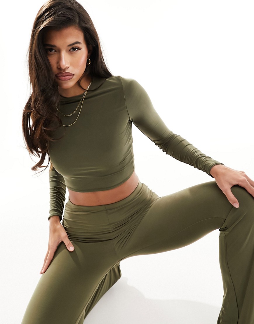 ASOS DESIGN double layer slinky crew neck long sleeve top in green co-ord