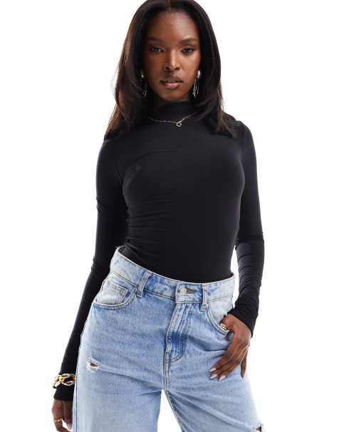 Sleek Style Black Funnel Neck Bodysuit