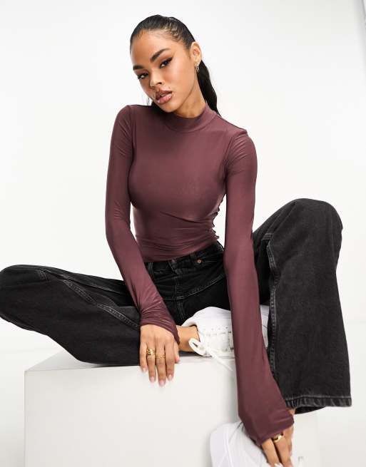 ASOS DESIGN double layer slinky high neck long sleeve bodysuit in plum ...