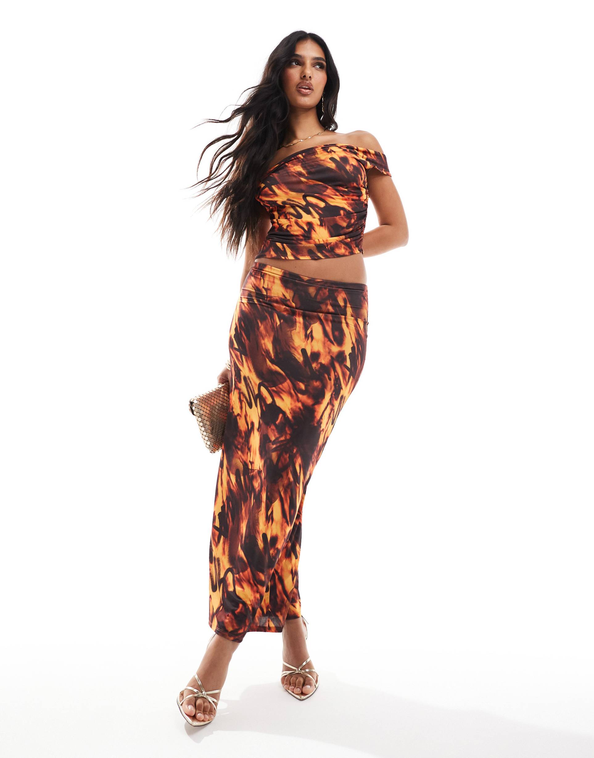 asos design double layer slinky maxi skirt in orange print - part of a set