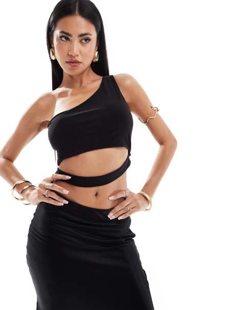 ASOS DESIGN double layer slinky one shoulder crop top with waist cut out in black  - view 1