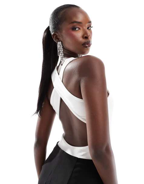 ASOS DESIGN double layer slinky open back racer bodysuit in white - view 1