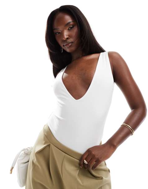 ASOS DESIGN double layer slinky scoop front bodysuit in white - view 1