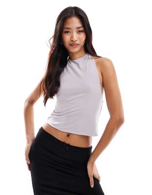 Asos Design Double Layer Slinky Tie Neck Halter Top In Gray