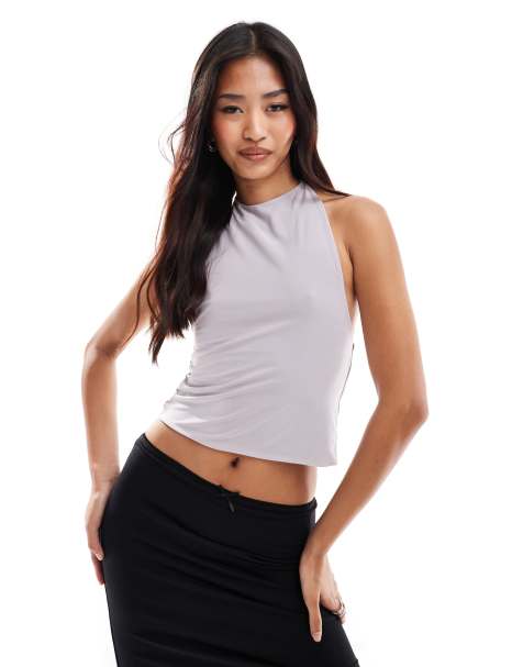 ASOS DESIGN double layer slinky tie neck halter top in grey - view 1