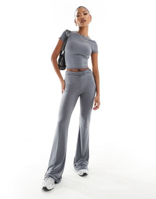 Asos Design Double Layer Slinky V Waist Flares In Gray - Part Of A Set