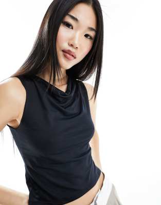 Asos Design Double Layer Soft Slinky Cowl Neck Tank Top In Black