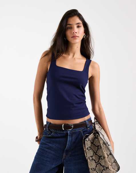 ASOS DESIGN double layer square neck singlet in navy - view 1