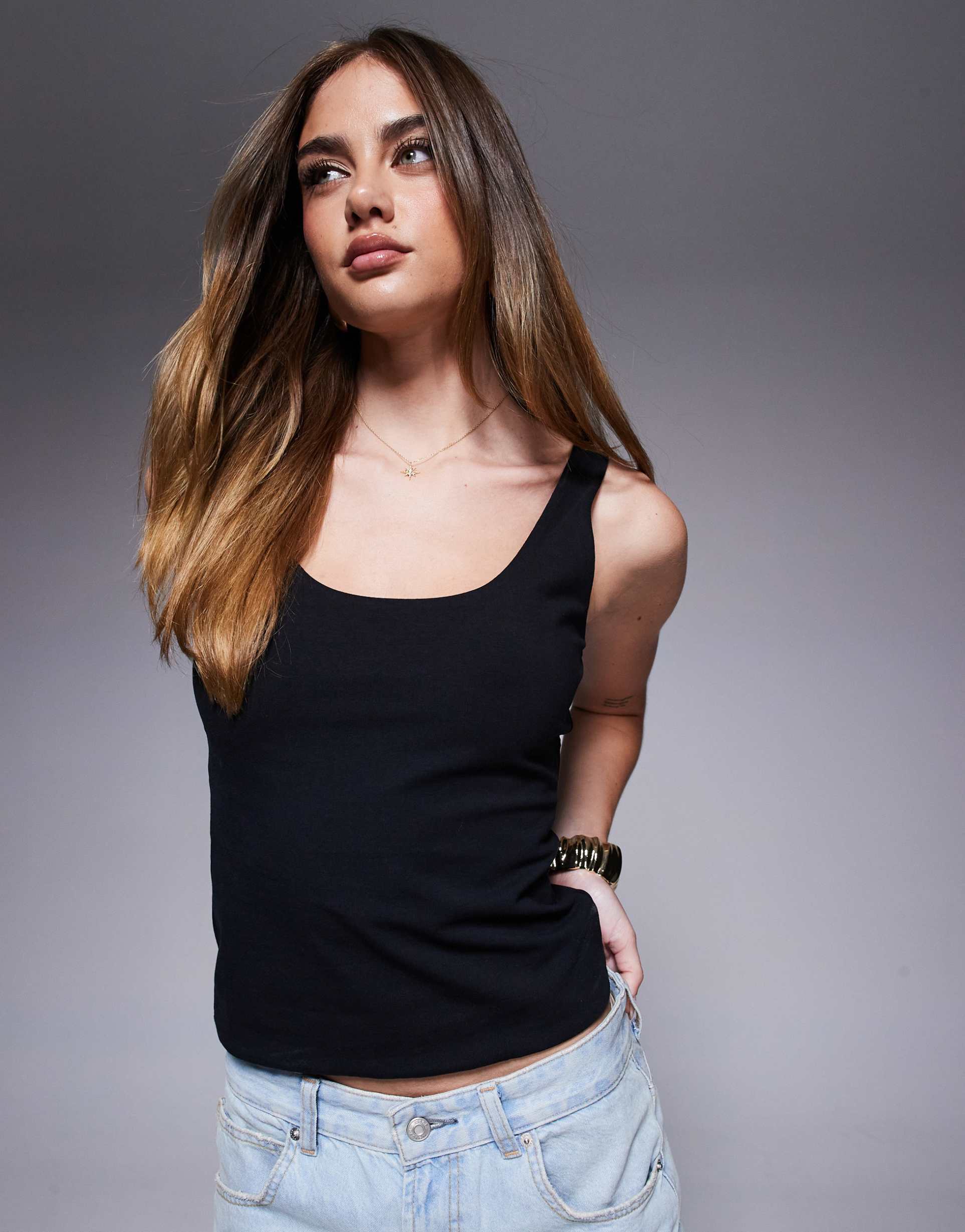 asos design double layer square neck tank top in black