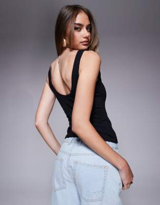 Asos Design Double Layer Square Neck Tank Top In Black