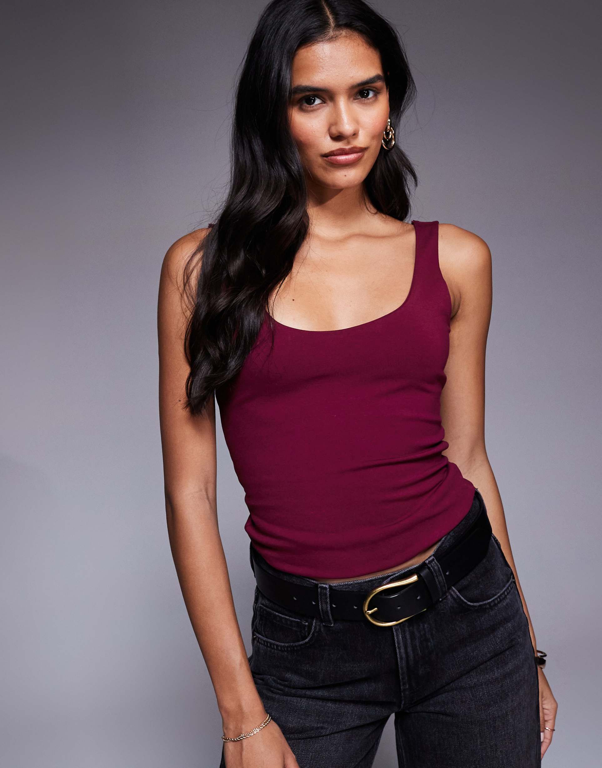 asos design double layer square neck tank top in burgundy