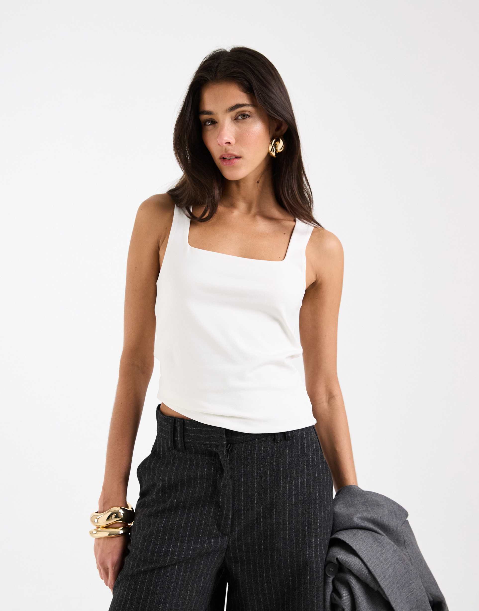 asos design double layer square neck tank top in cream