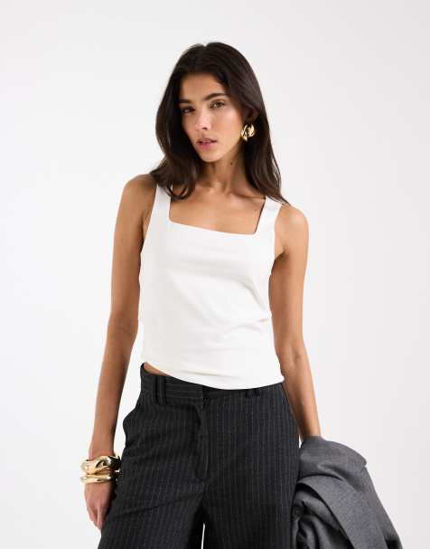 ASOS DESIGN double layer square neck vest in cream - view 1