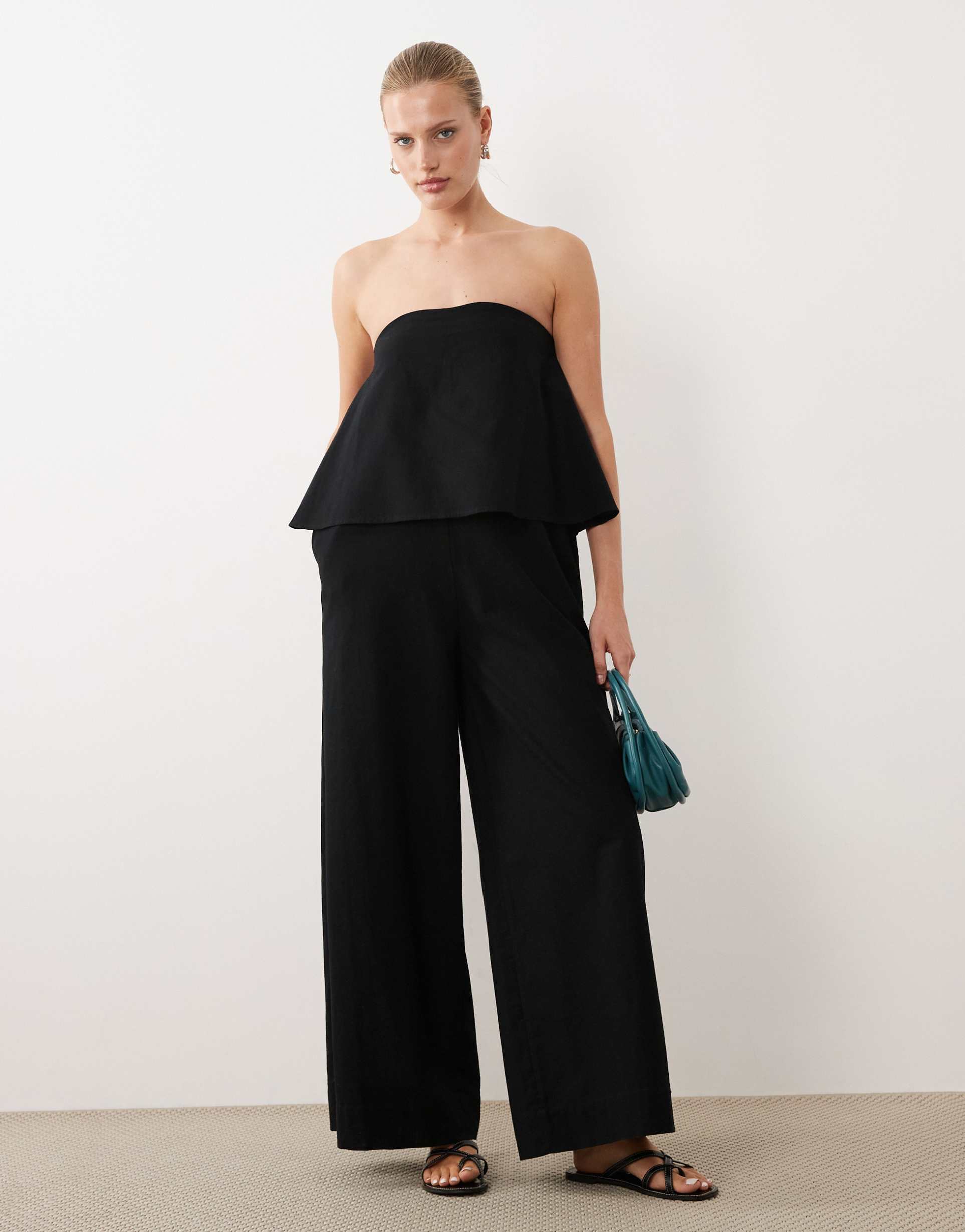 asos design double layer strapless jumpsuit in black