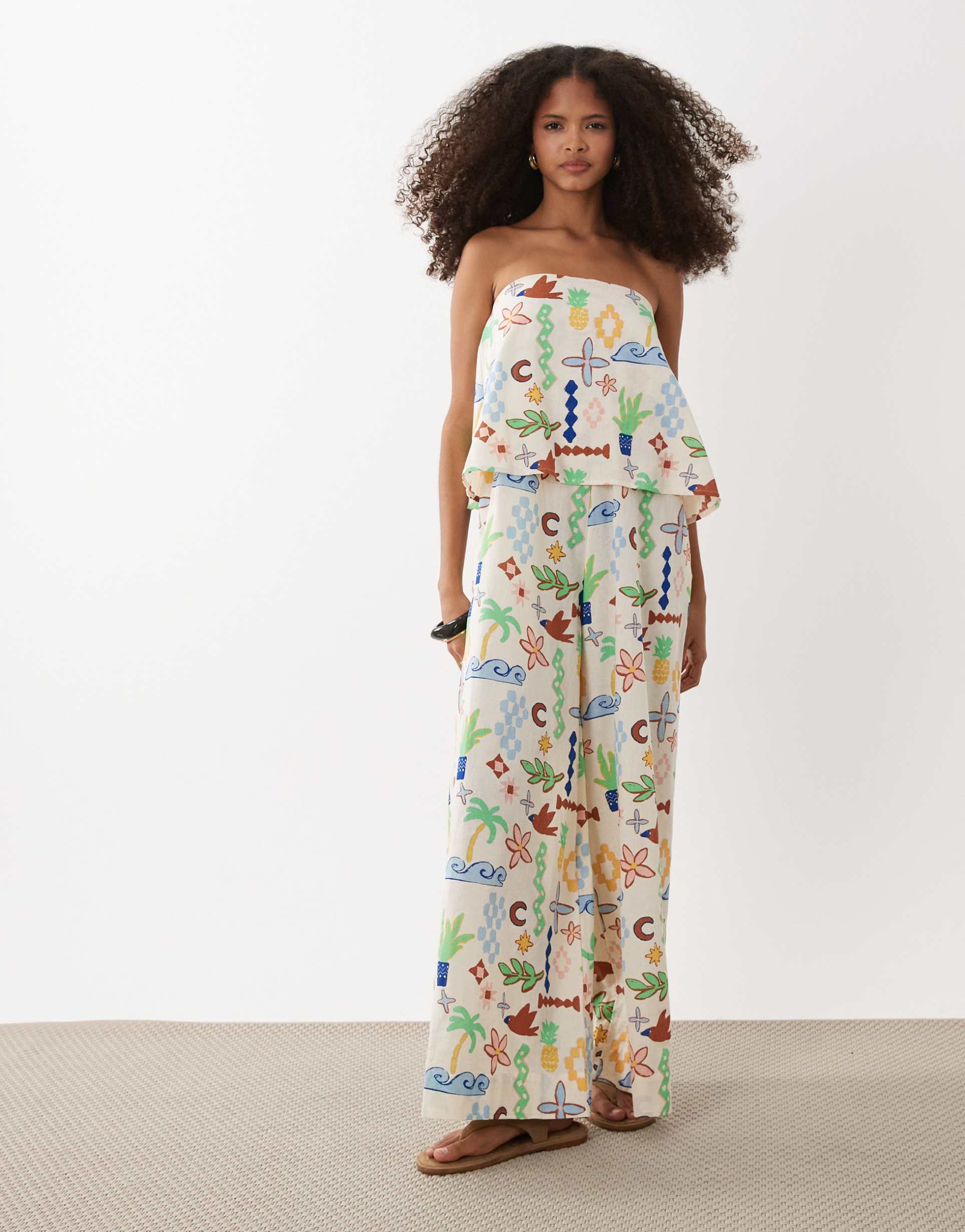 asos design double layer strapless jumpsuit in multi print