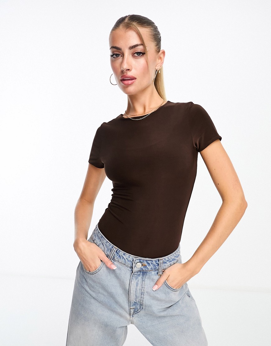 ASOS DESIGN double layer t-shirt bodysuit in chocolate-Brown
