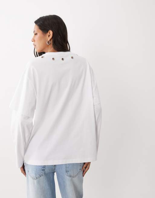 ASOS DESIGN double layer T-shirt with eyelet details in white, 4 of 4