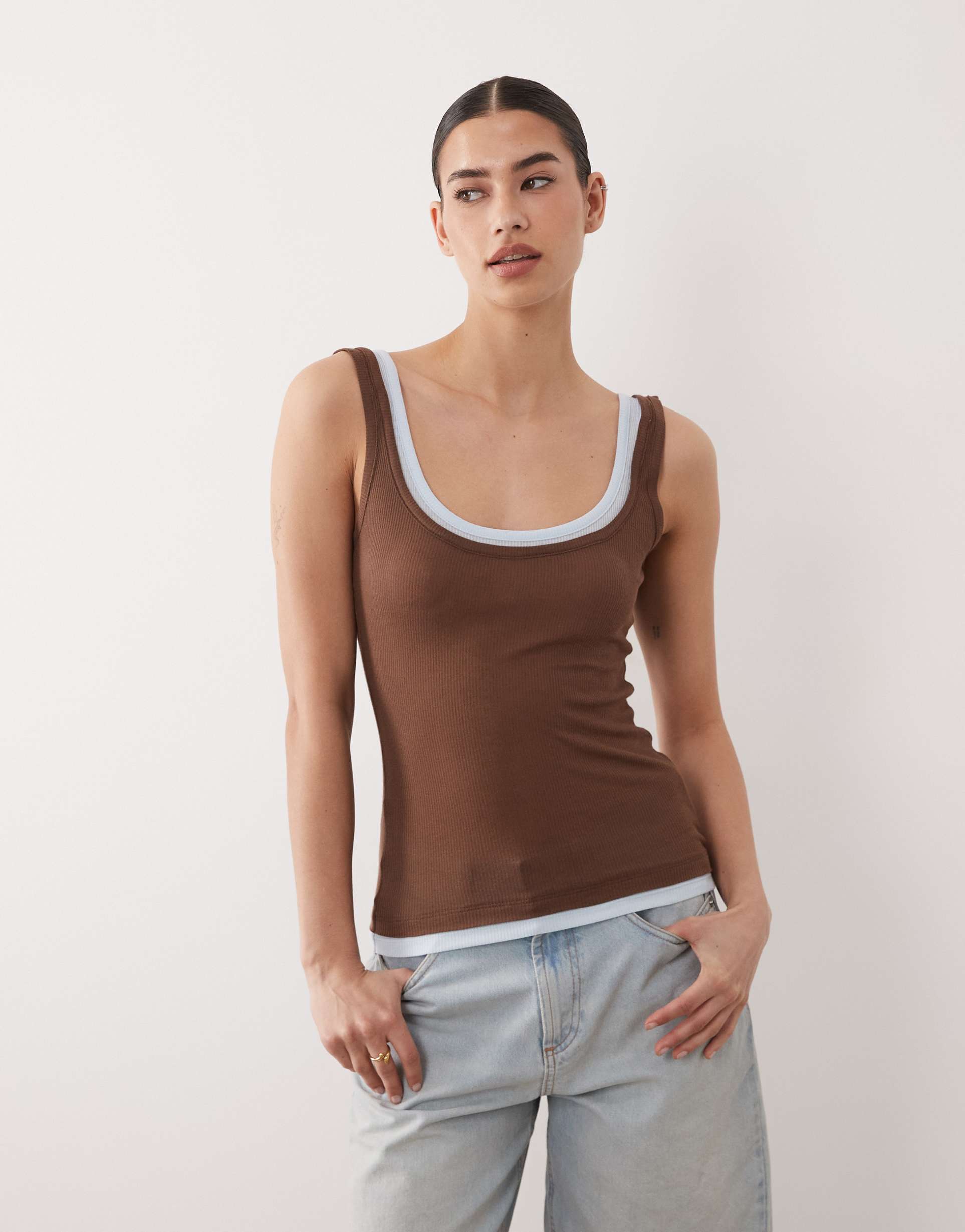 asos design double layer tank top in light blue and chocolate