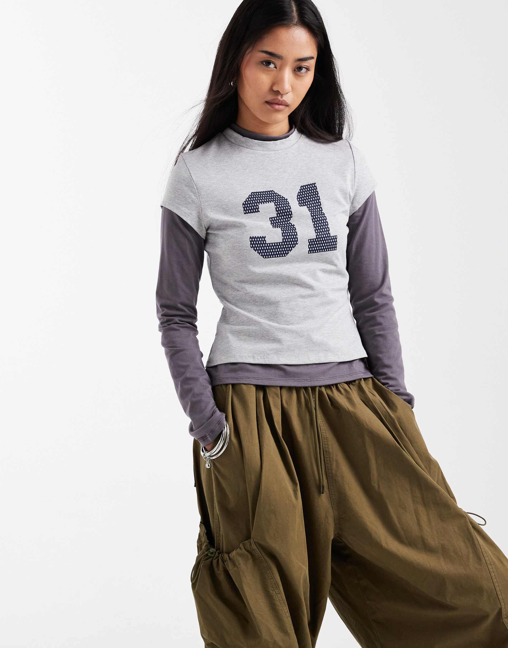 asos design double layer top with 31 polka dot graphic in gray heather