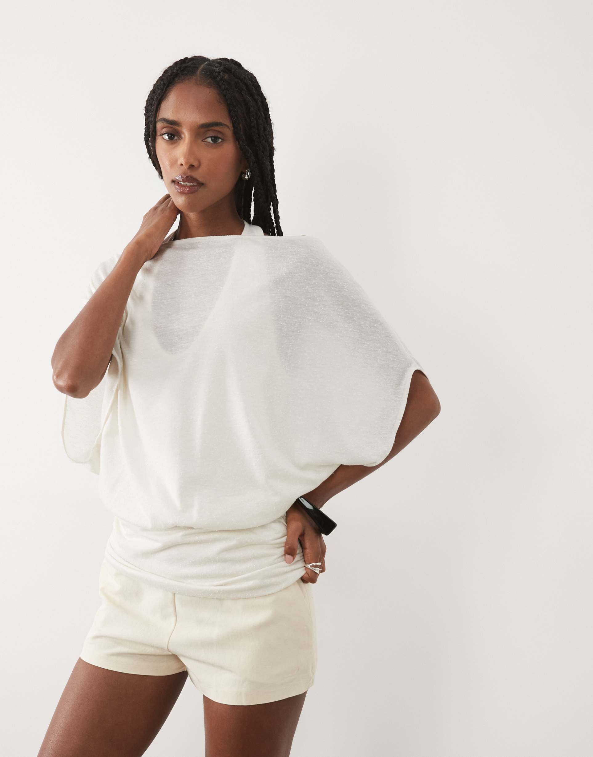 asos design double layer top with cinched waist top in cream
