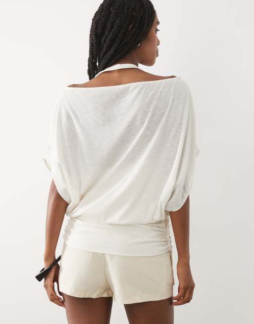 ASOS DESIGN double layer top with cinched waist top in cream, 4 of 4