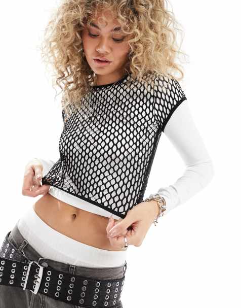 ASOS DESIGN double layer top with mesh in ivory - view 1