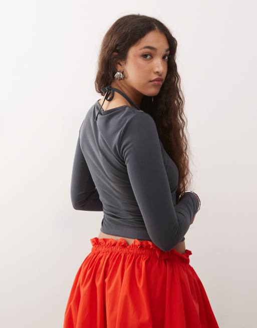 ASOS DESIGN double layer top with ruched halter in charcoal, 3 of 4
