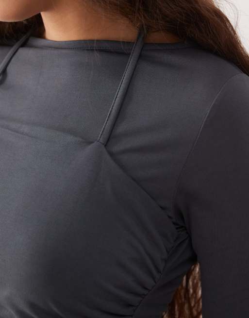 ASOS DESIGN double layer top with ruched halter in charcoal, 4 of 4