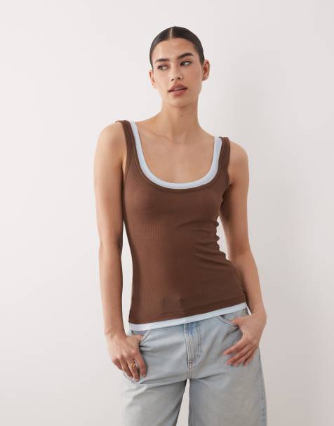 ASOS DESIGN double layer vest top in light blue and chocolate