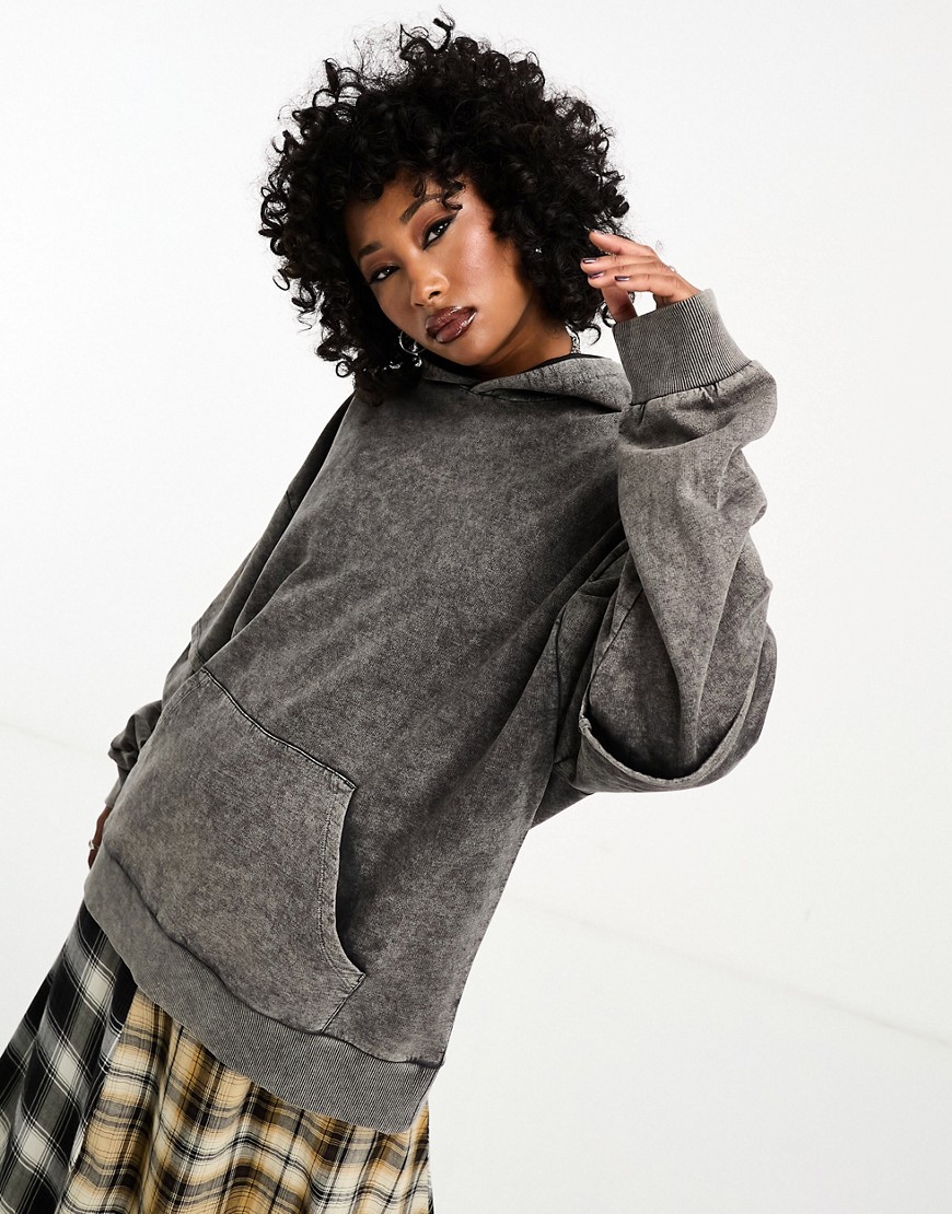Asos Design Double Layered Hoodie In Washed Charcoal-black