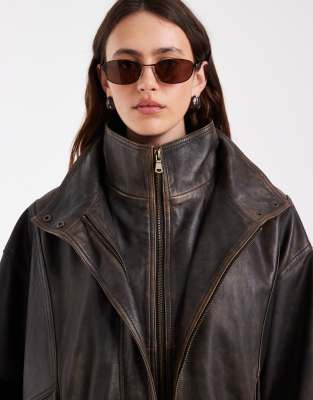 Asos Design Double Layered Real Leather Bomber Jacket In Brown