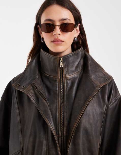 ASOS DESIGN double layered real leather bomber jacket in washed brown - view 1