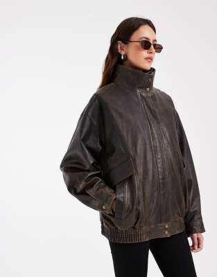 Asos Design Double Layered Real Leather Bomber Jacket In Brown