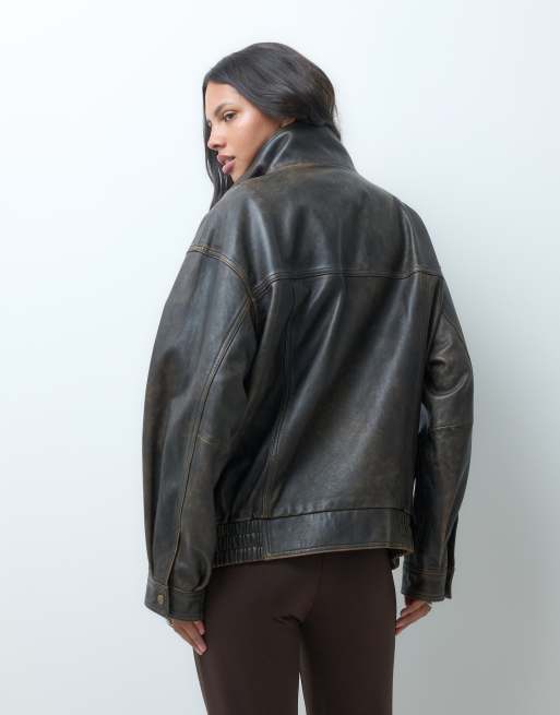 ASOS DESIGN double layered real leather bomber jacket in washed brown, 3 of 4