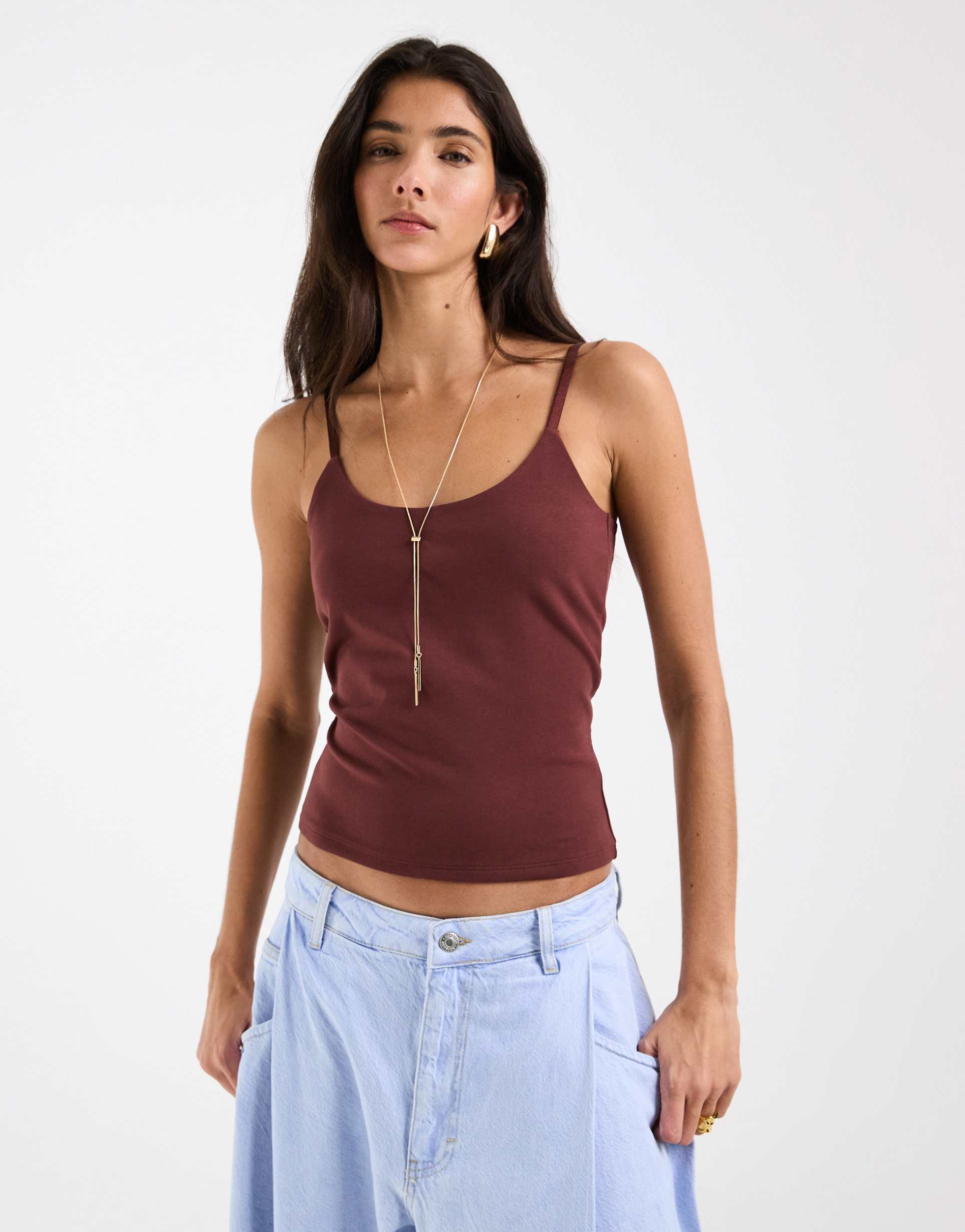 asos design double layered scoop neck cami top chocolate
