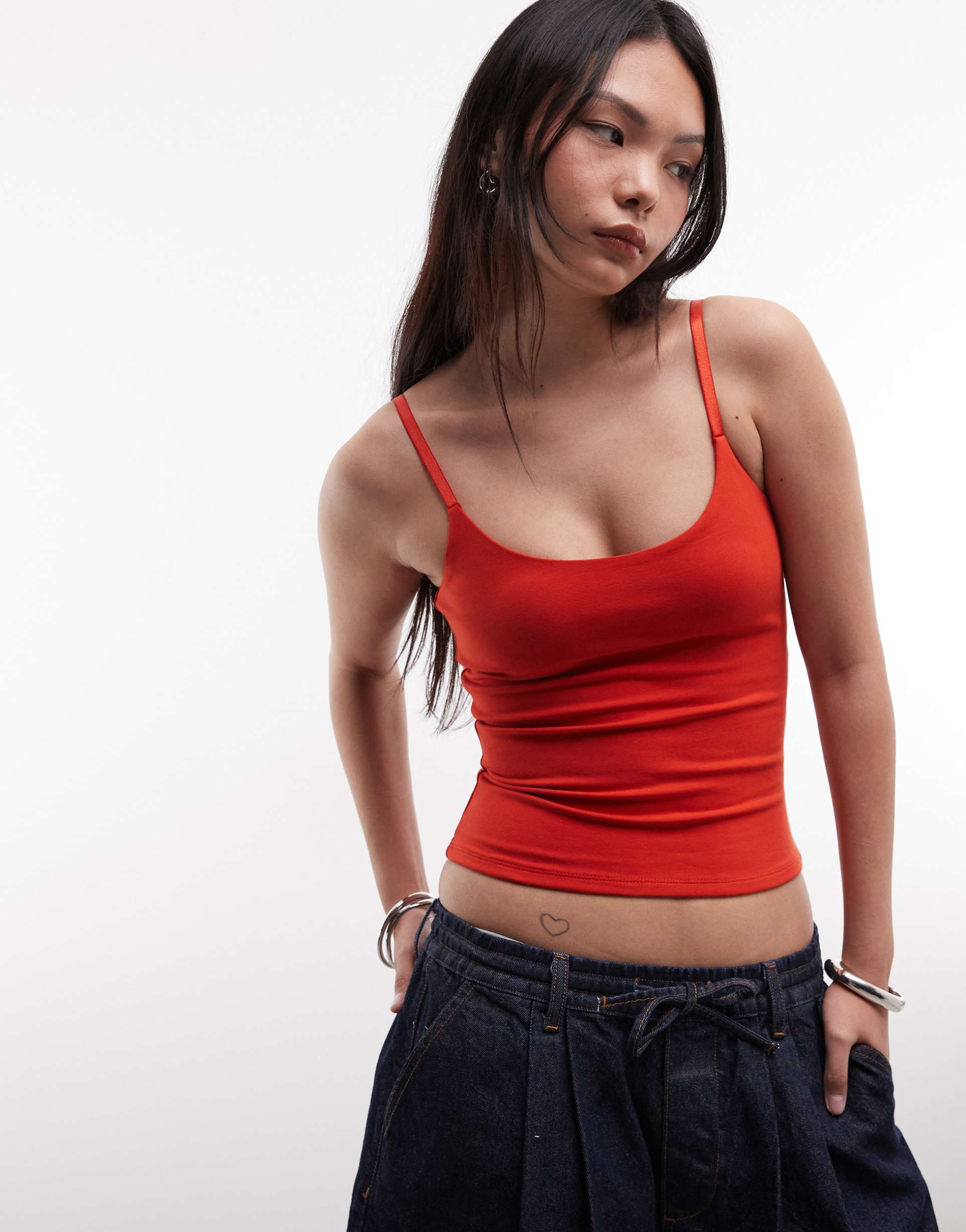 asos design double layered scoop neck cami top in bright red