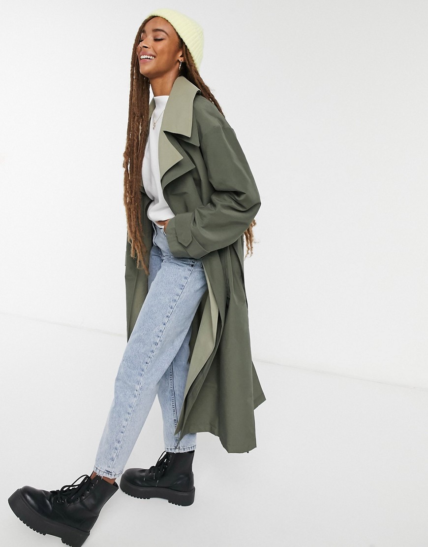 Asos Design Double Layered Trench Coat In Green