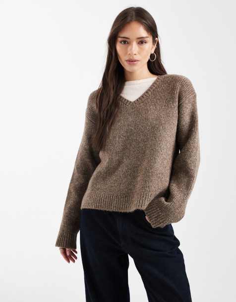 ASOS DESIGN double layered v neck jumper in mocha