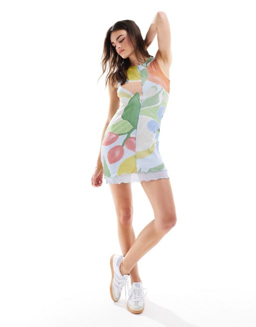 FhyzicsShops DESIGN double mesh layer sleeveless mini dress with seam detail in fruit print
