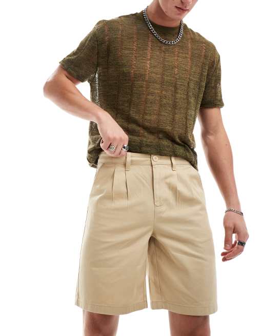 ASOS DESIGN double pleat chino shorts in beige