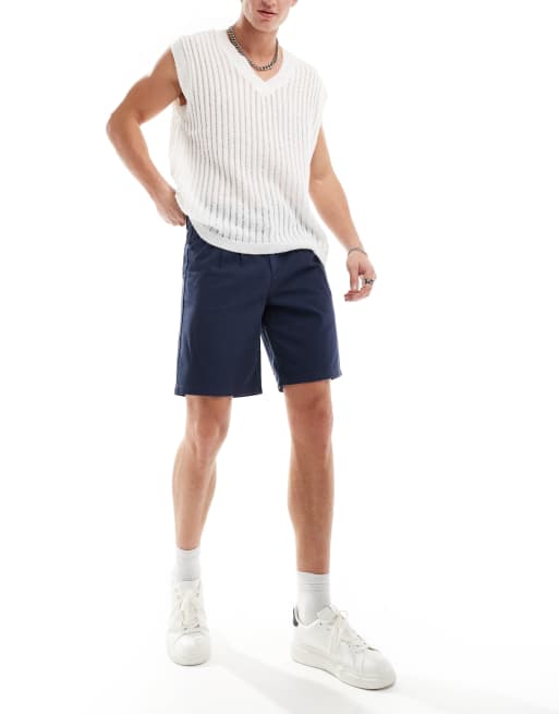 ASOS DESIGN double pleat chino shorts in navy