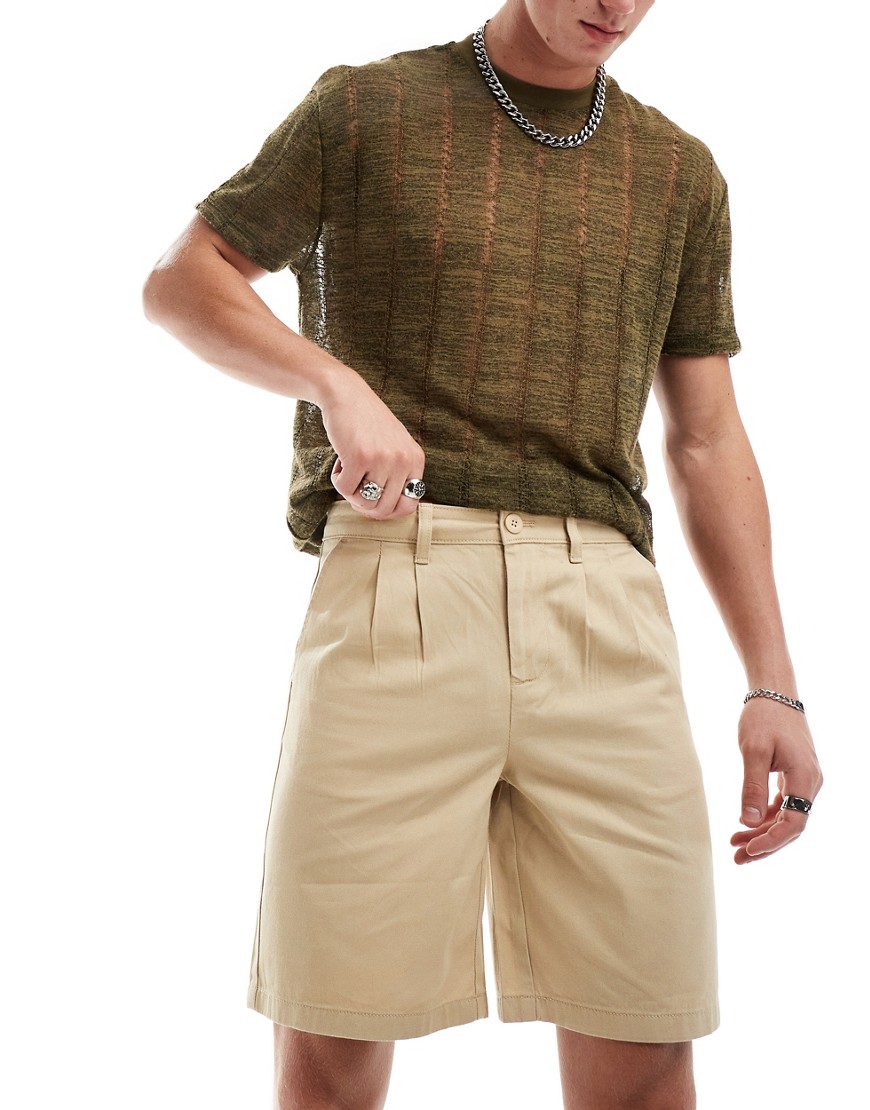 Asos Design Double Pleat Longer Length Chino Shorts In Beige-neutral