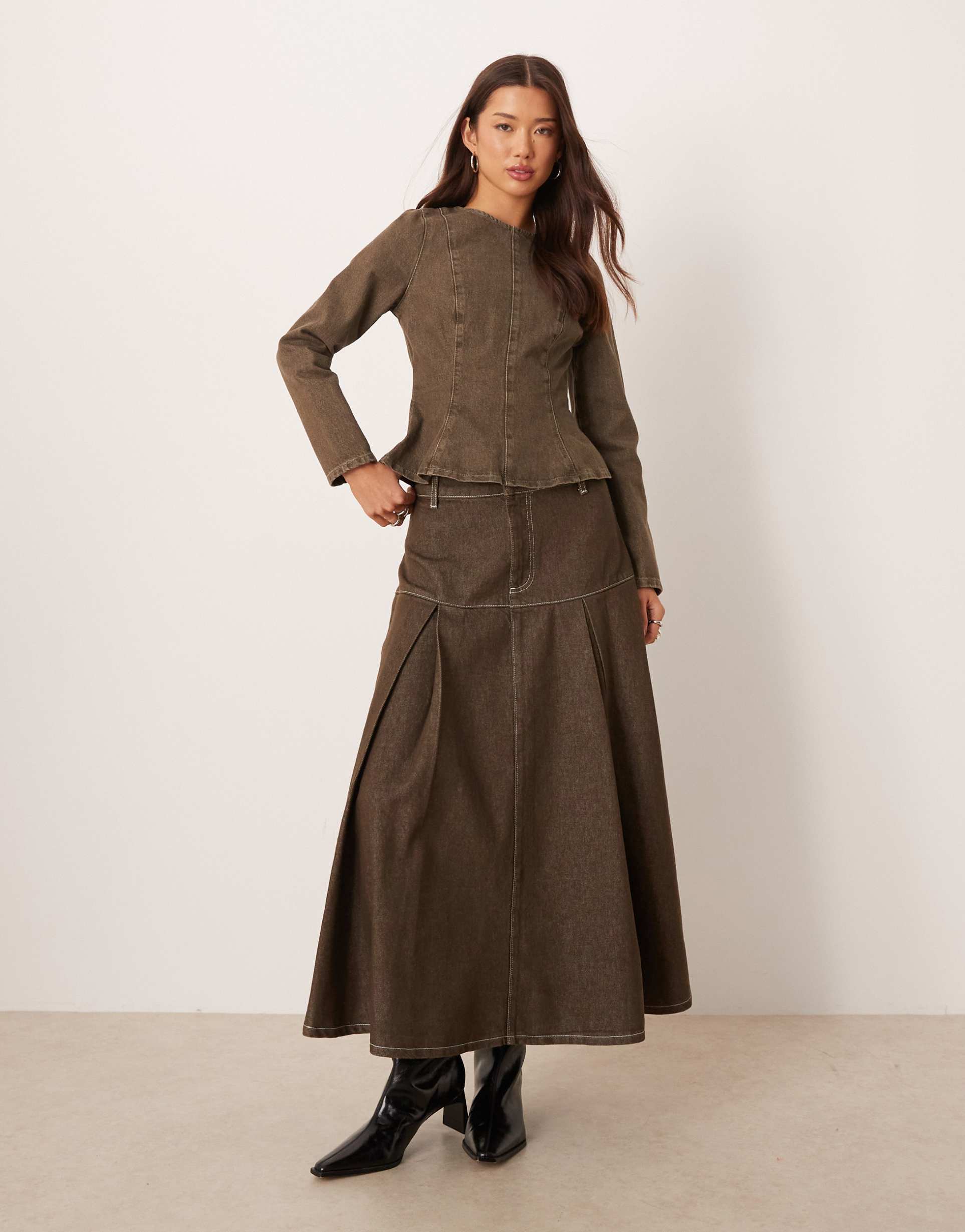 asos design double pleated denim midi skirt