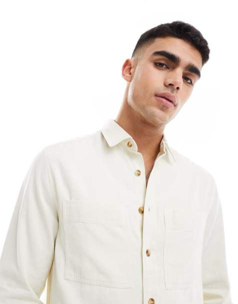 ASOS DESIGN double pocket denim overshirt in ecru overdye - view 1