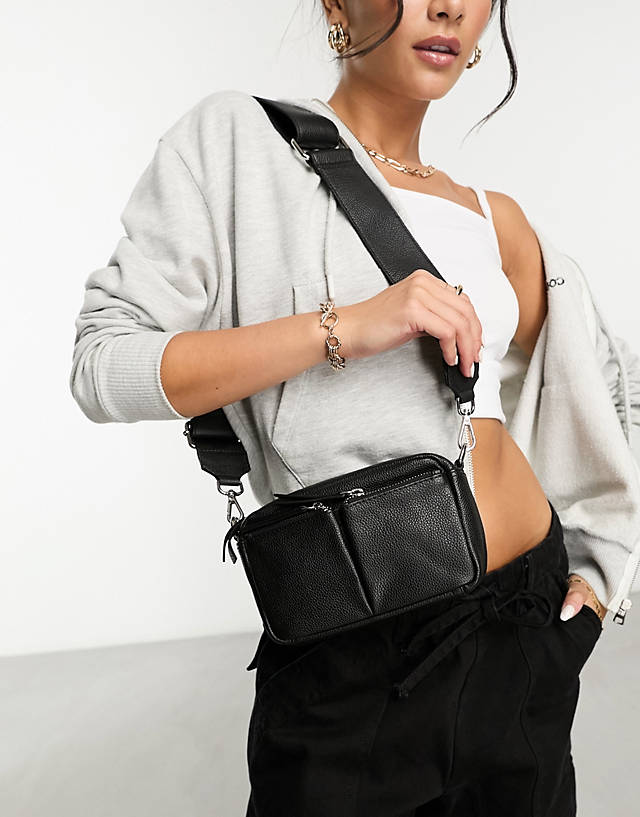 ASOS DESIGN - double pocket leather crossbody bag in black