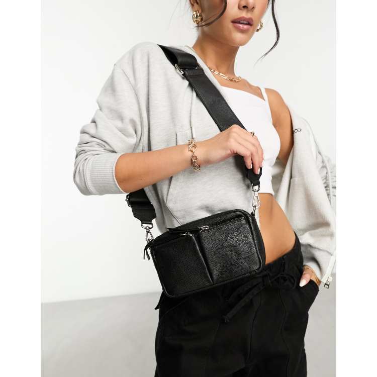 Asos Design Leather Cross Body Bag With Zip Pocket In Black